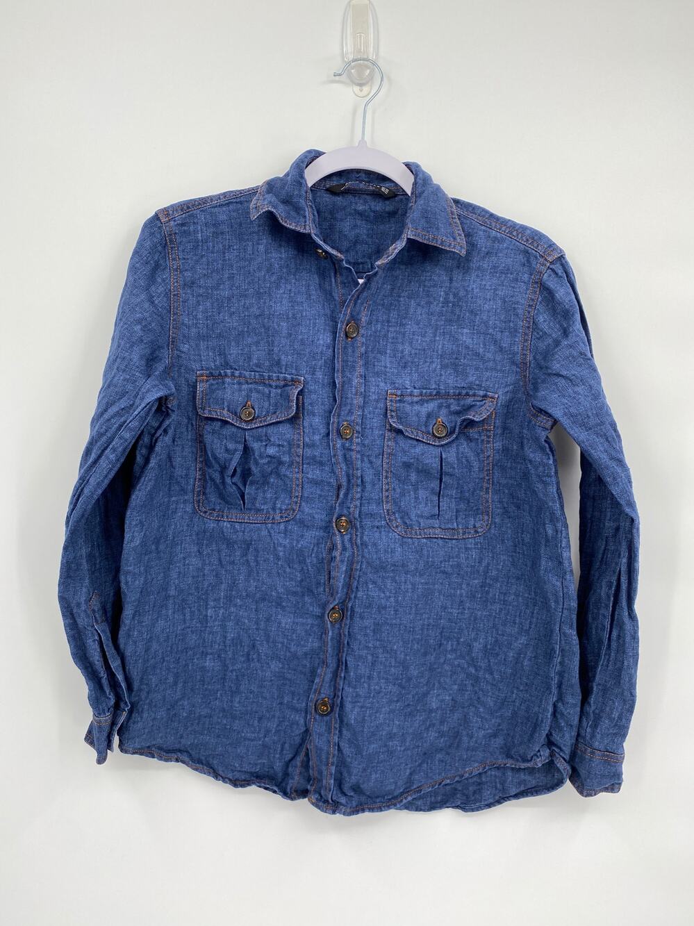 Zara Woman Linen Button Front Long Sleeve Top Blue Size XS